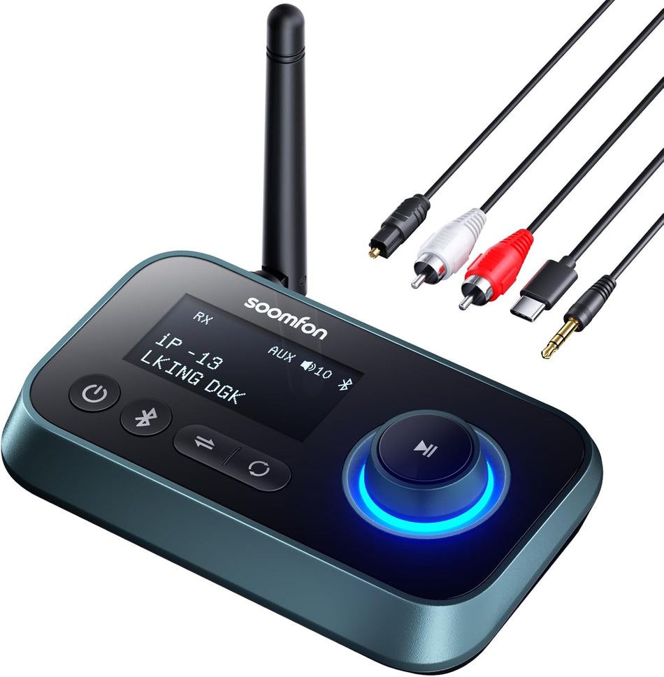 Bluetooth Transmitter – Dual Headphones, RCA/AUX/Optical, LCD