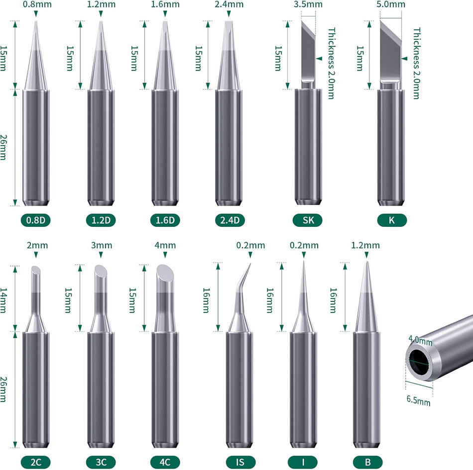 900M 12pc Soldering Iron Tips for Hakko, Yihua, Atten, Quick, Ryobi, and More