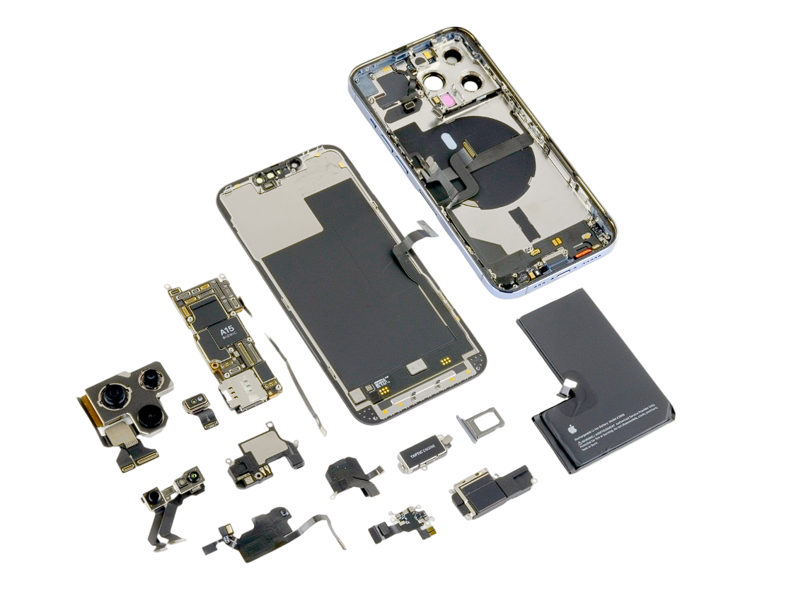 Disassembled smartphone with various components on a white background, TekShack Linton Indiana