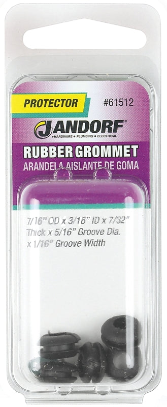Jandorf Grommet, 3/16 in ID, 7/16 in OD, Rubber, Black, 7/32 in Thick Panel 5pk #61512