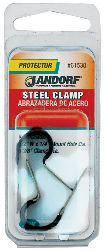 Jandorf # 61538 steel vinyl coat clamps with a mount hole diameter of 1/4 inches and a clamp diameter of 3/8 inches.