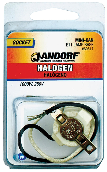 Jandorf halogen mini-candelabra socket ,part# 60517, featuring a porcelain base with wire leads, labeled for 1000W, 250V.
