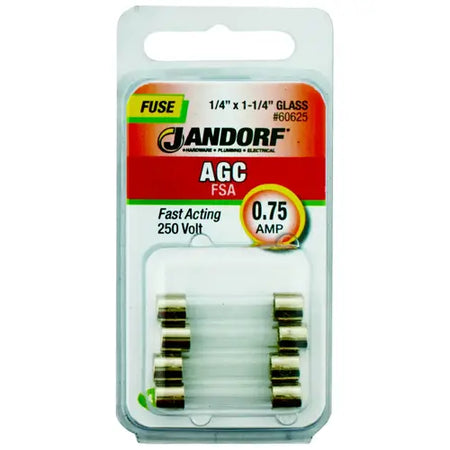 Jandorf Fast Acting Fuse, 0.75 A, 250 V, 35 A, 10 kA Interrupt, Glass Body 4 pk #60625