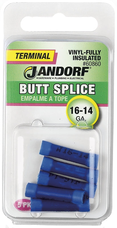 Butt Splice Connector, 16 to 14 AWG Wire, Vinyl Insulation, Copper Contact, Blue, 5/PK #60860