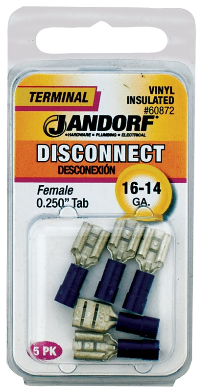 Disconnect Terminal, 16 to 14 AWG Wire, Vinyl Insulation, Copper Contact, Tin, Blue, 5/PK #60872