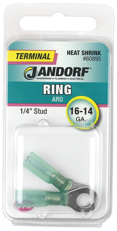 Jandorf Ring Terminal, 16 to 14 AWG Wire, 1/4 in Stud, Green #60895