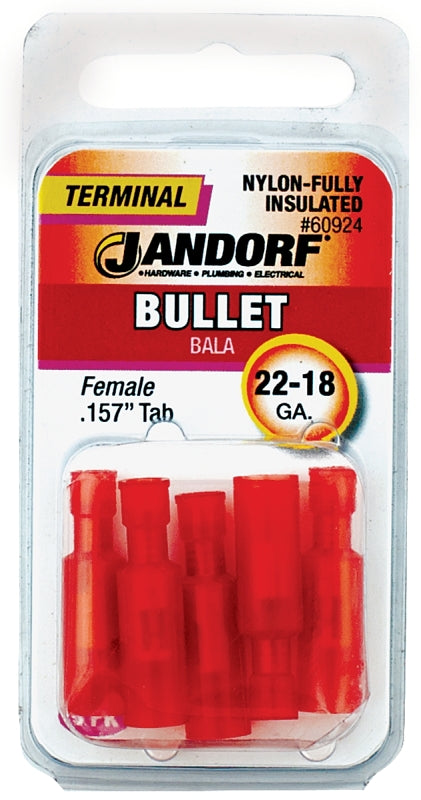 Jandorf Bullet Terminal, 600 V, 22 to 18 AWG Wire, Nylon Insulation, Copper Contact, Red, Tin, 5/PK #60924