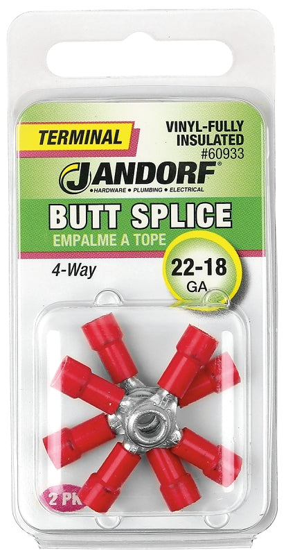 Butt Splice Connector, 22 to 18 AWG Wire, Vinyl Insulation, Copper Contact, Red, 2/PK #60933