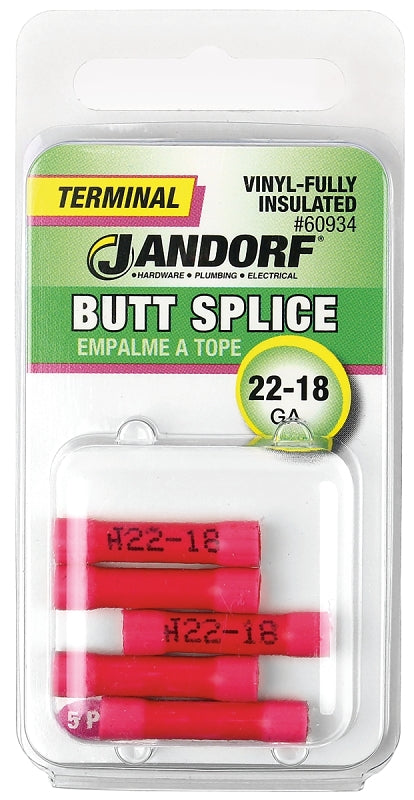 Butt Splice Connector, 22 to 18 AWG Wire, Vinyl Insulation, Copper Contact, Red, 5/PK #60934