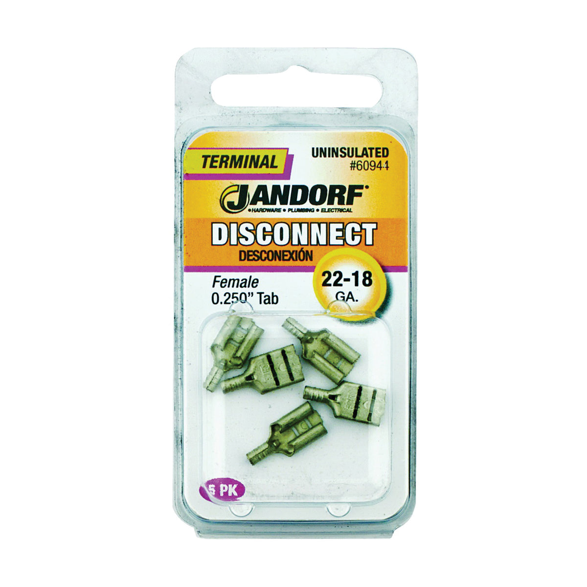 JANDORF TERMINAL DISCONNECT F22-18 UNINSULATED .25 TAB containing 5 pieces, pat# 60944