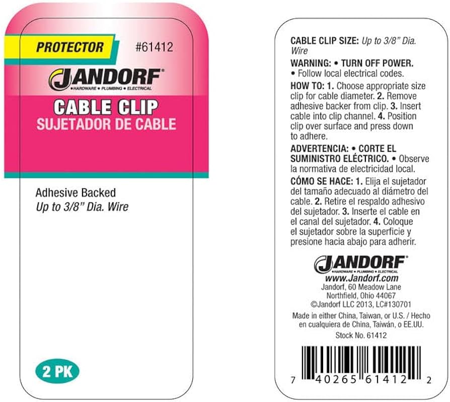 JANDORF Cable Clip with adhesive backing, part# 61412 ,up to 3/8 inch diameter, including product information and warnings.