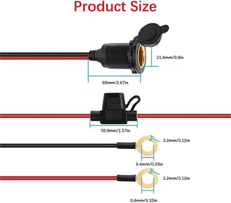 14AWG 12V Cigarette Lighter Socket Replacement, Waterproof & Dustproof, 1.6ft/0.5m, 20A Fuse Holder