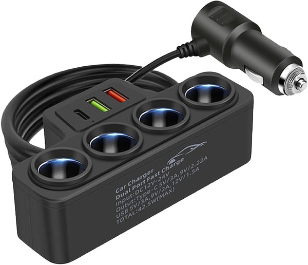 Multi-Function Car Charger Splitter – 4 Sockets, USB & PD Fast Charge