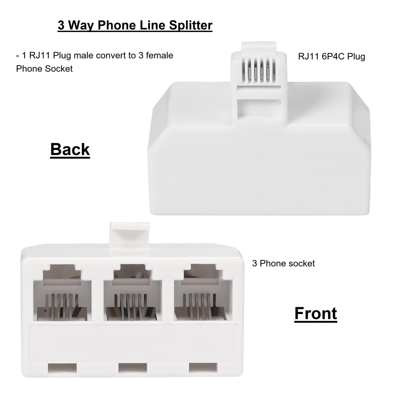 3 Way Telephone Splitter Wall Jack Adapter, White, 1 Male to 3 Converter Cable RJ11 6P4C Telephone Adapter