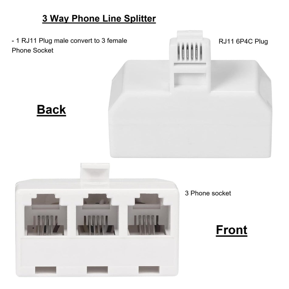 3 Way Telephone Splitter Wall Jack Adapter, White, 1 Male to 3 Converter Cable RJ11 6P4C Telephone Adapter