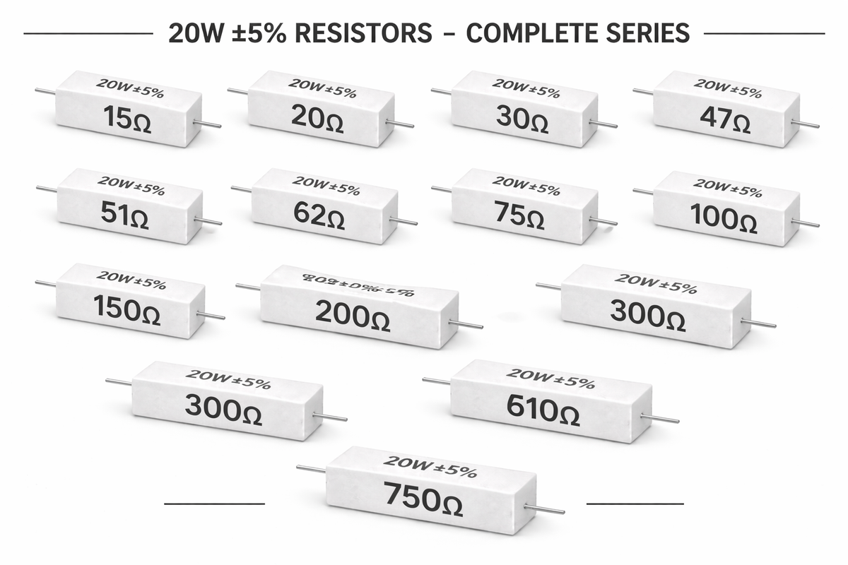 PANMILED 20W Cement Resistor, ±5% Ceramic Wirewound Power Resistor (15Ω–750Ω) High Watt Fixed Resistor