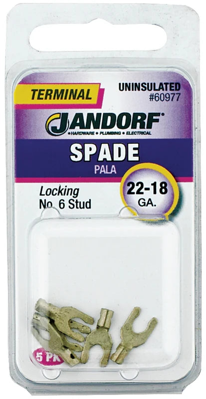 Jandorf 60977 Spade Terminal, 600 V, 22 to 18 AWG Wire, #6 Stud, Copper Contact, 5/PK