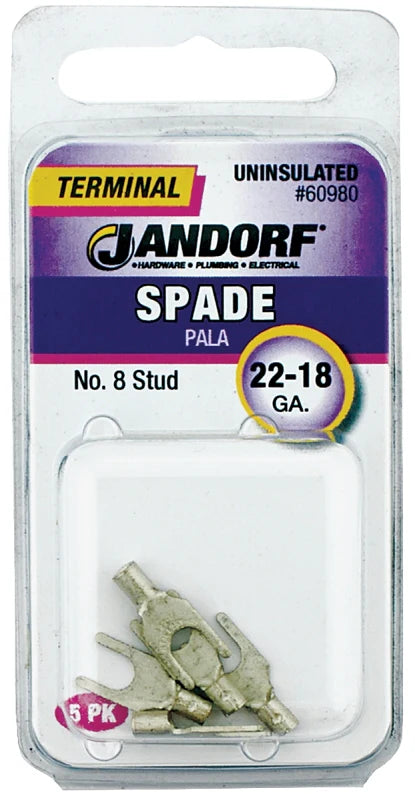 Spade Terminal, 600 V, 22 to 18 AWG Wire, #8 Stud, Copper Contact, 5/PK