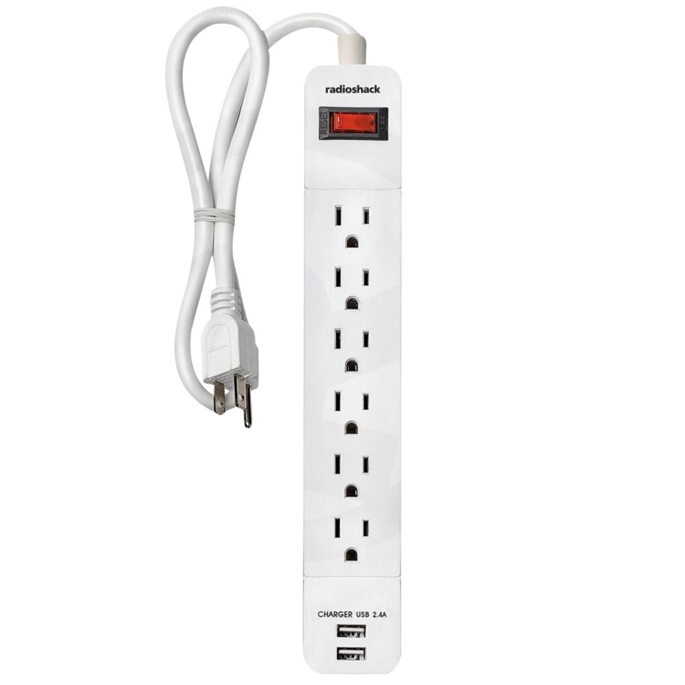 RadioShack 6-Outlet Power Strip 6100848 with 2 USB Ports White 3' Cord