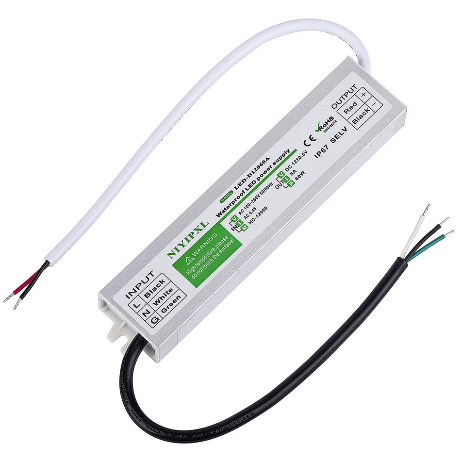 Niyipxl 60W 12V 5A IP67 LED Driver, 100-260V AC