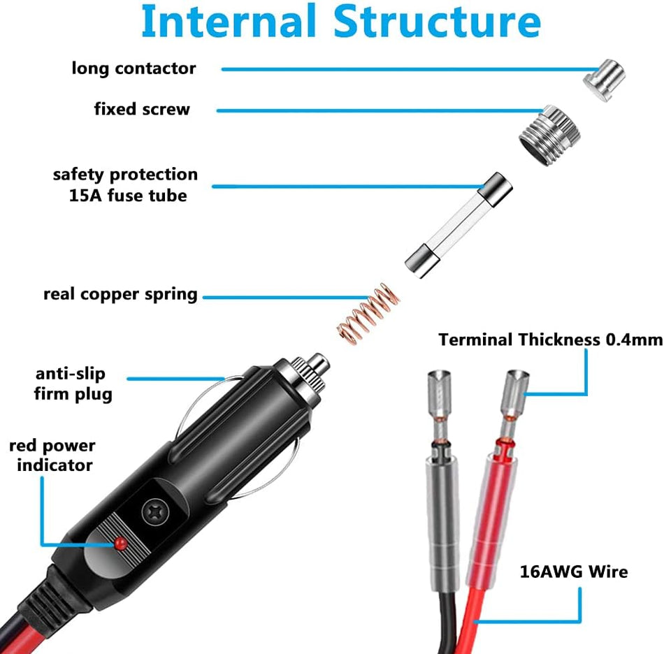 12V Fused Cigarette Lighter Plug w/ LED – 16AWG, 15A Fuse