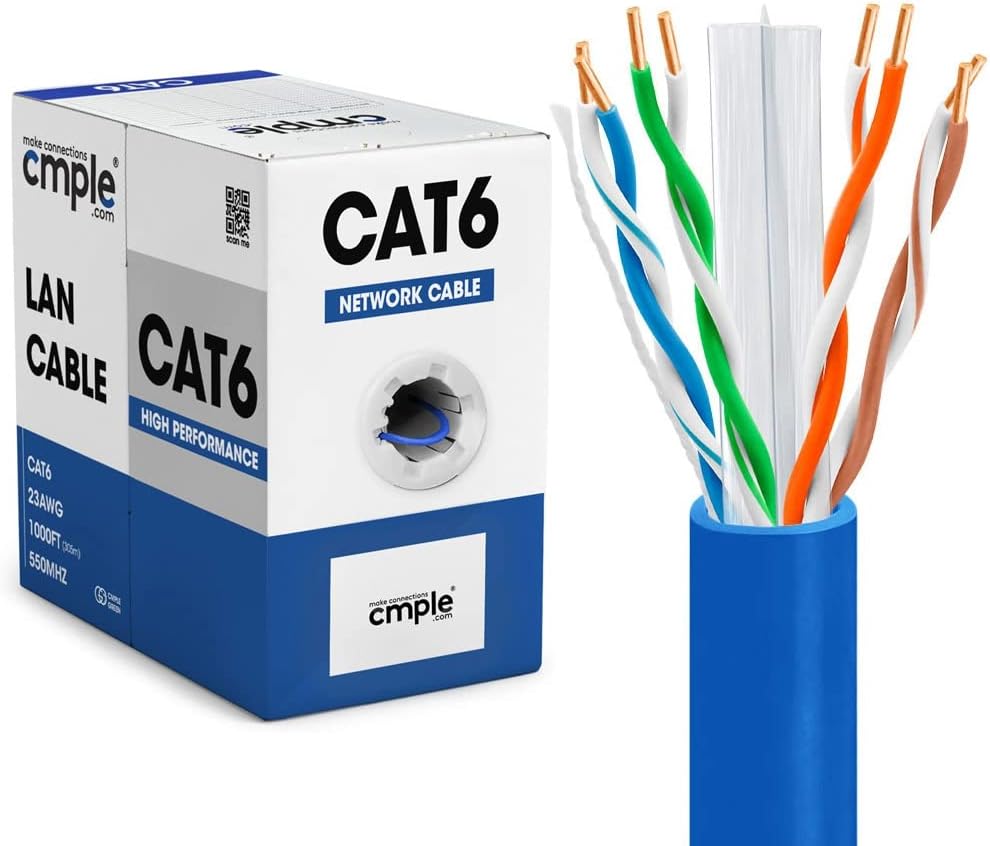 Cat6 Bulk Ethernet Cable 1000ft – 23AWG UTP CMR Riser, 10Gbps 550MHz, Blue Pull Box