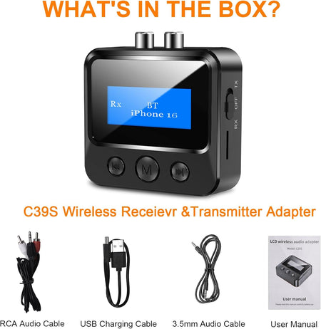 Bluetooth Transmitter Receiver – RCA, AUX, LCD, 33ft Range