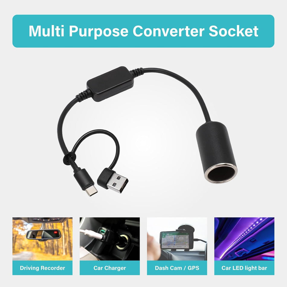 USB to Cigarette Lighter Adapter – 35cm Cable, USB-A & USB-C Input, 12V Output, 12W Max