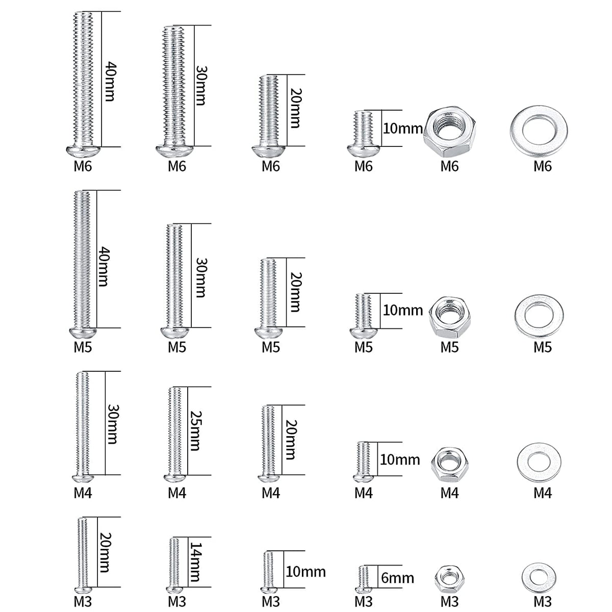 Metric Bolt Assortment with Nuts and Flat Washers, M3/M4/M5/M6 Cross Slotted Round Head Machine Screws
