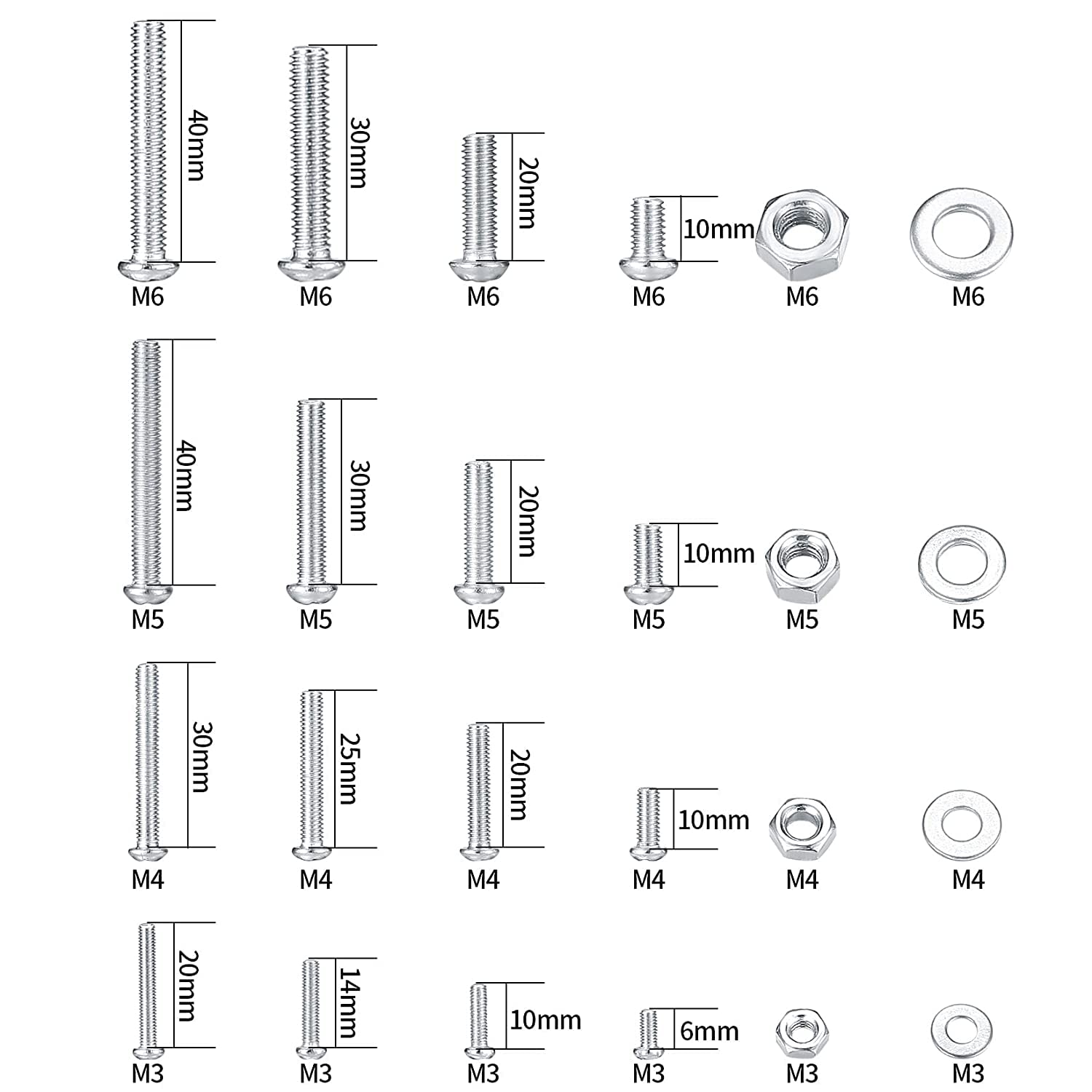 Metric Bolt Assortment with Nuts and Flat Washers, M3/M4/M5/M6 Cross Slotted Round Head Machine Screws