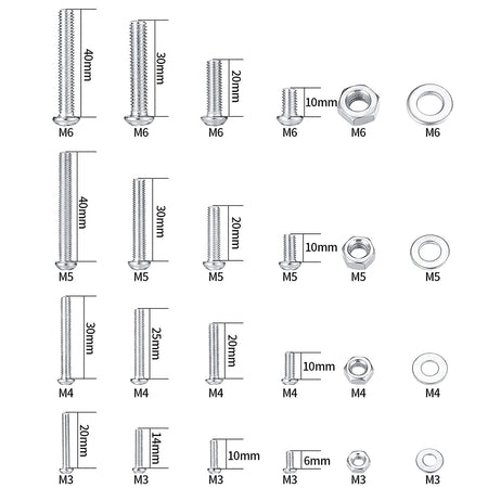 Metric Bolt Assortment with Nuts and Flat Washers, M3/M4/M5/M6 Cross Slotted Round Head Machine Screws