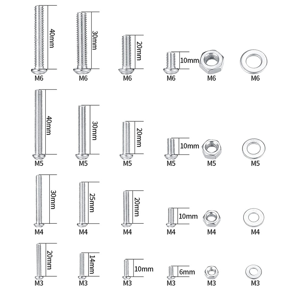 Metric Bolt Assortment with Nuts and Flat Washers, M3/M4/M5/M6 Cross Slotted Round Head Machine Screws