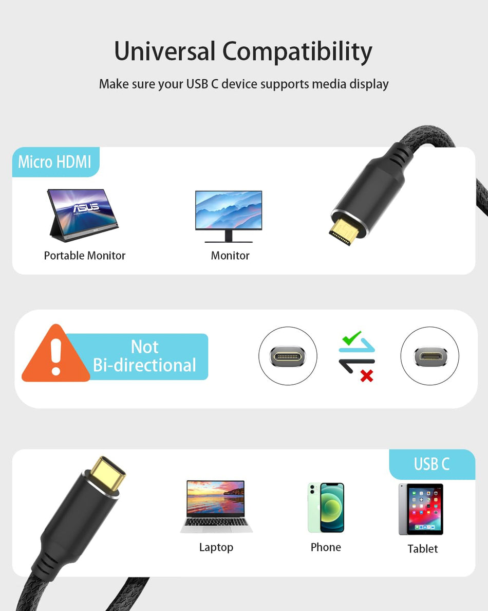 USB-C to Micro HDMI Cable, 6 ft, 4K 60Hz, Unidirectional