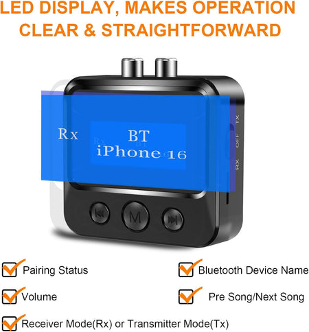 Bluetooth Transmitter Receiver – RCA, AUX, LCD, 33ft Range