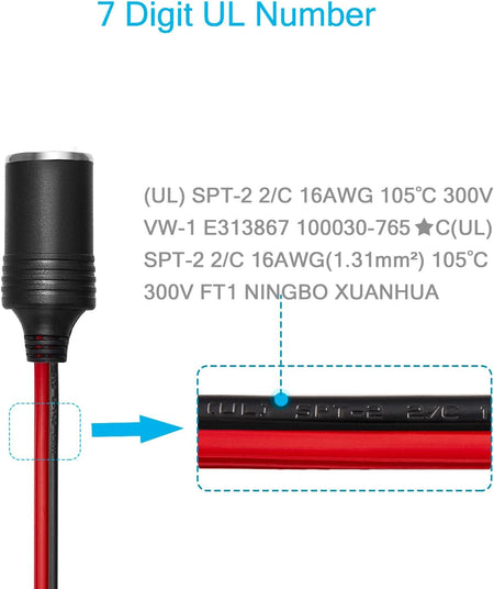 12V/24V Battery Lighter Socket Cable