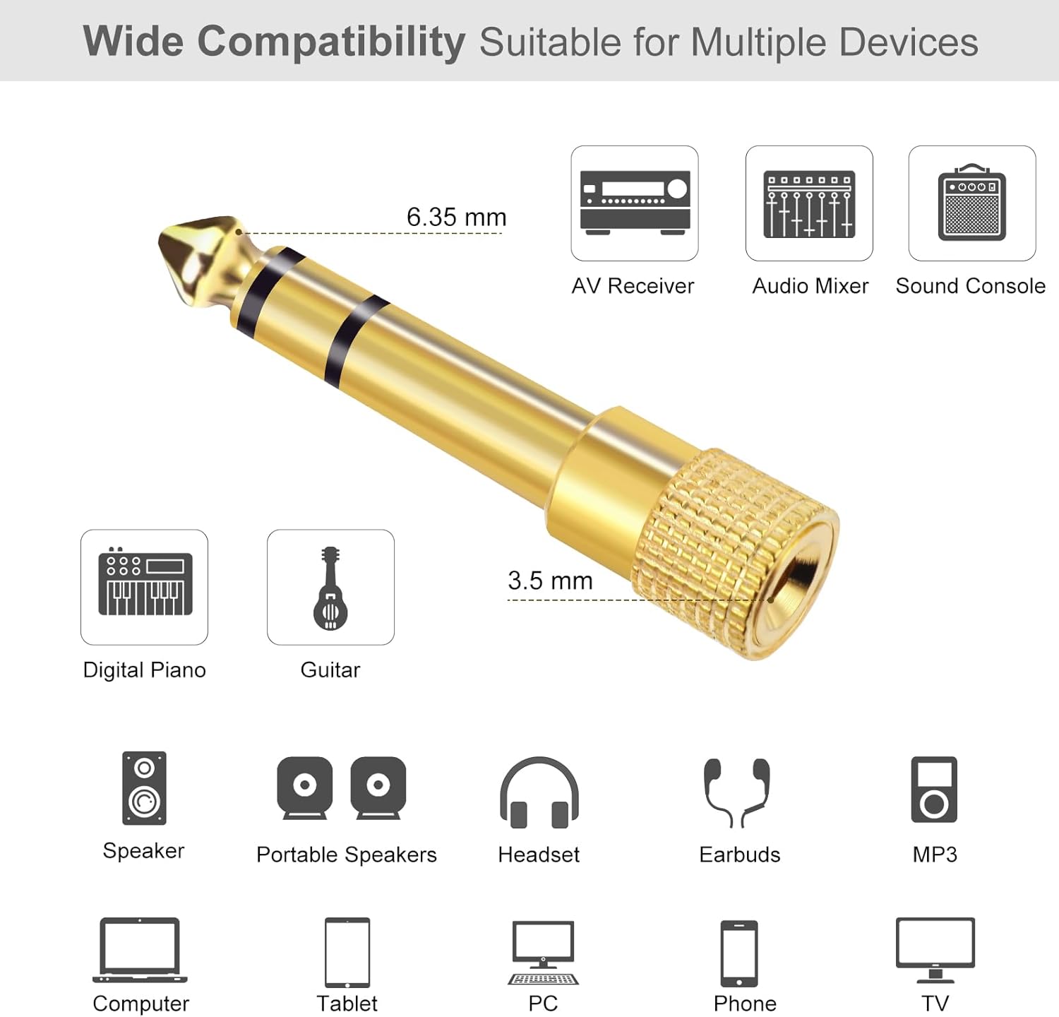 3.5mm to 1/4" Stereo Audio Adapter Gold Plated
