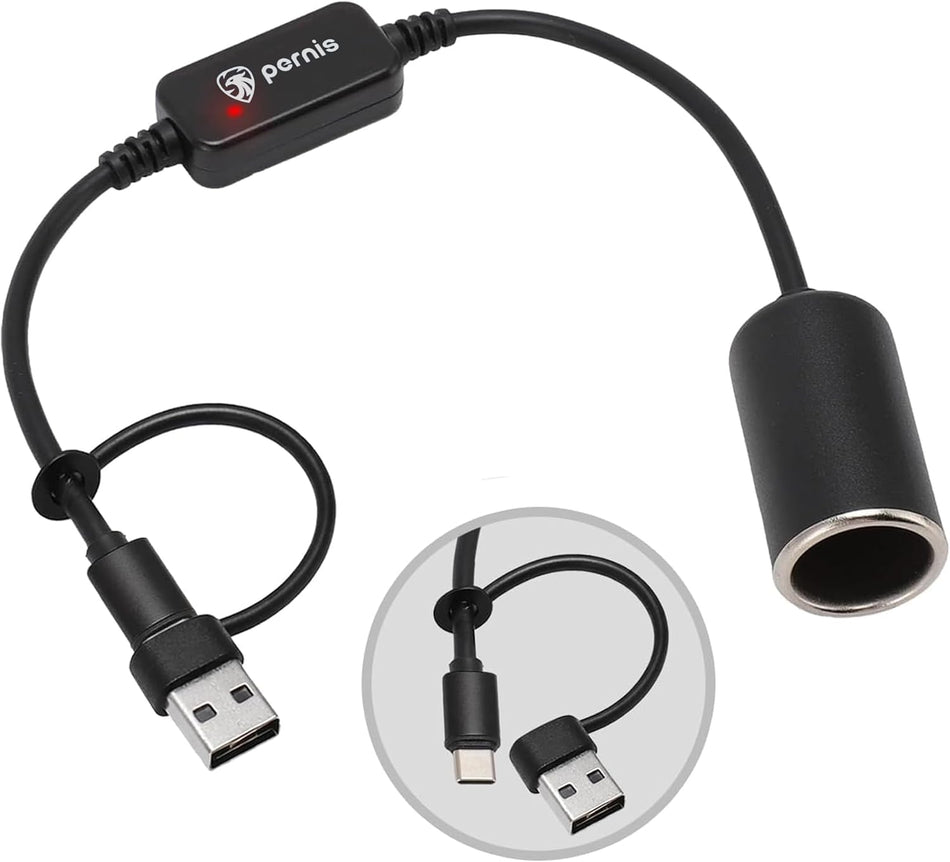USB to Cigarette Lighter Adapter – 35cm Cable, USB-A & USB-C Input, 12V Output, 12W Max