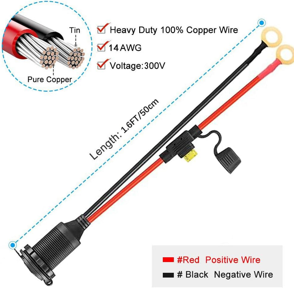 14AWG 12V Cigarette Lighter Socket Replacement, Waterproof & Dustproof, 1.6ft/0.5m, 20A Fuse Holder