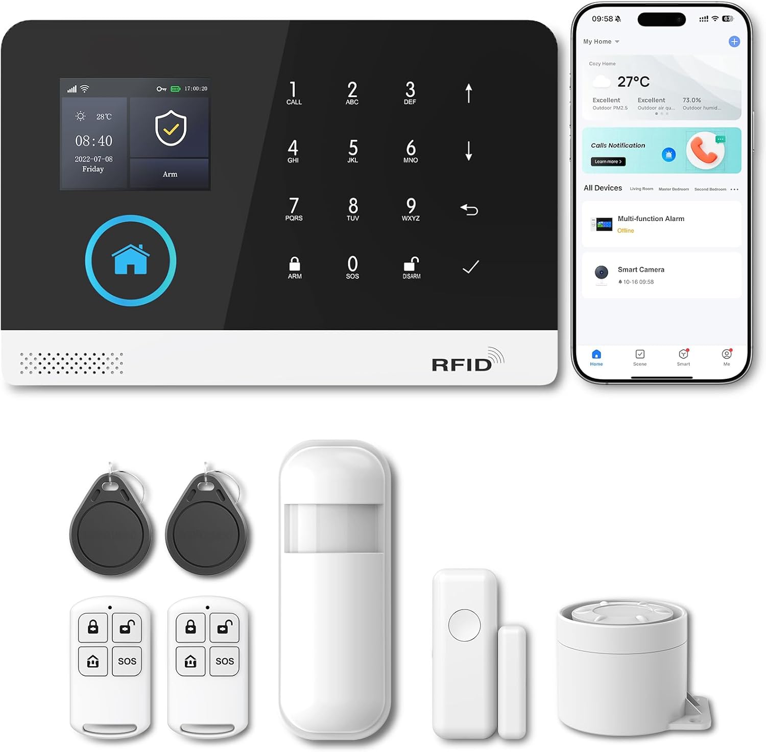 Smart Home Security Alarm System – 9-Piece Kit, WiFi/GSM, Alexa Compatible