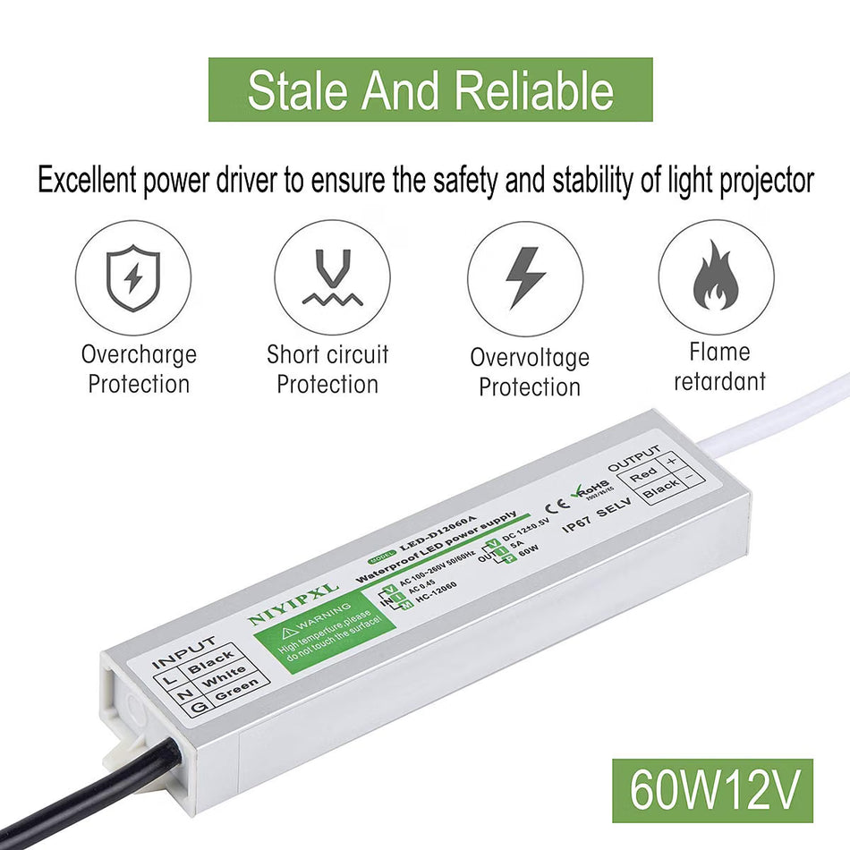 Niyipxl 60W 12V 5A IP67 LED Driver, 100-260V AC