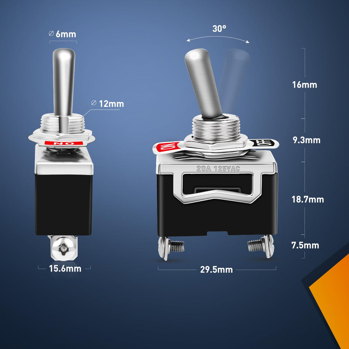 90012E Heavy Duty Rocker Toggle Switch – 15A 250V / 20A 125V, SPST 2-Pin ON/OFF, Metal Bat with Waterproof Boot Cap Cover