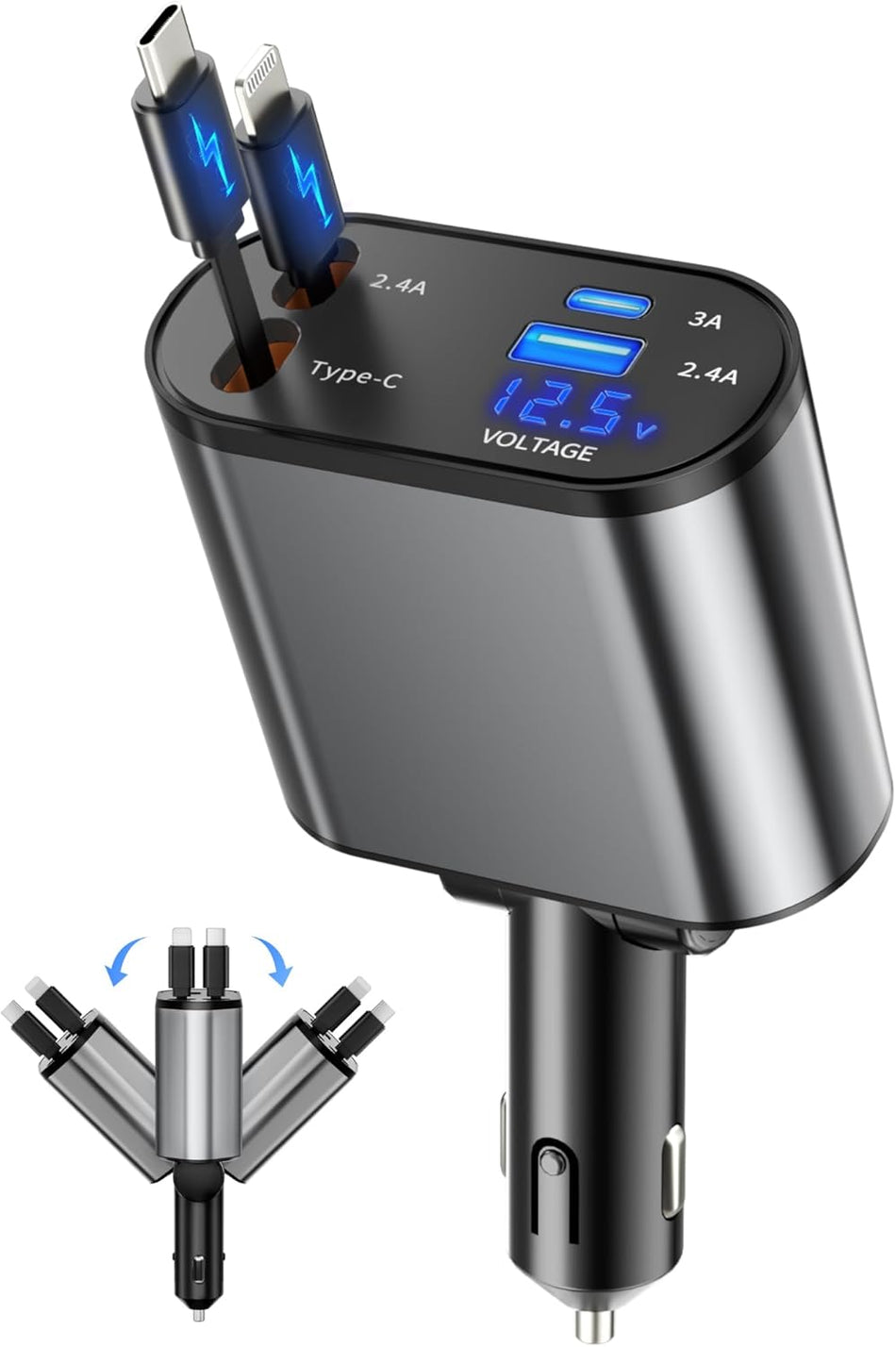 Retractable Car Charger – 4-in-1 USB-C & USB-A, Fast Charging, 180° Swivel