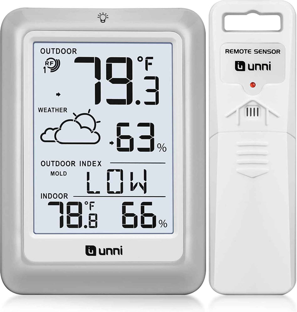Indoor Outdoor Thermometer Hygrometer Wireless Weather Station | Temperature Humidity Monitor Battery Powered Inside Outside Thermometers with 330ft Range Remote Sensor and Backlight Display
