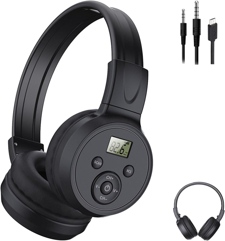 Rechargeable FM Radio Headphones with Soft Ear Muffs & Built-In Receiver