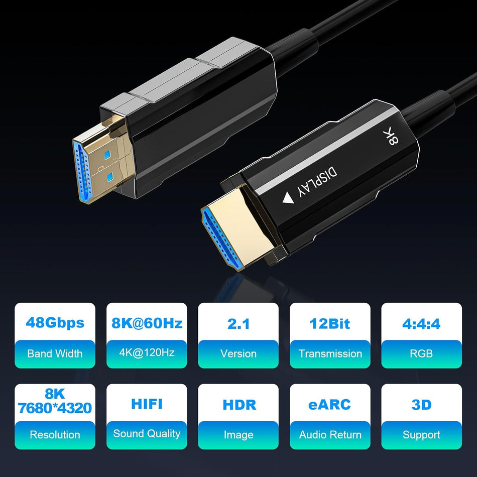Fiber Optic HDMI 2.1 Cable – 50 Ft 8K@60Hz 48Gbps Ultra High Speed with HDR, eARC, HDCP 2.3