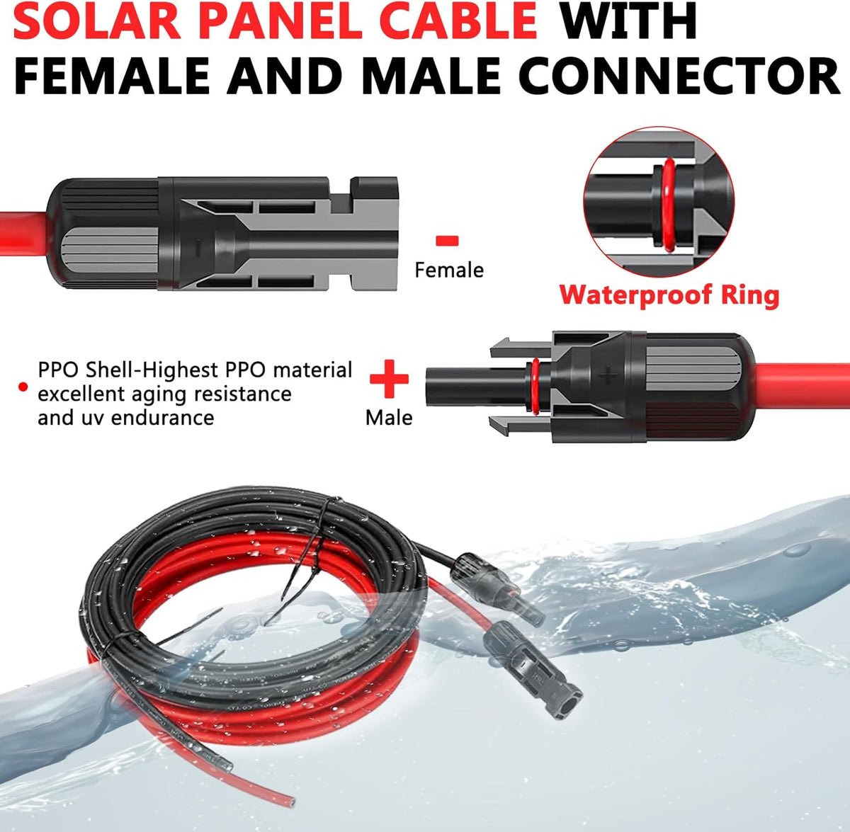 2x20FT Solar Panel Extension Cable 10AWG – Male/Female Waterproof Connectors – Red & Black Solar Cable for RV, PV Systems