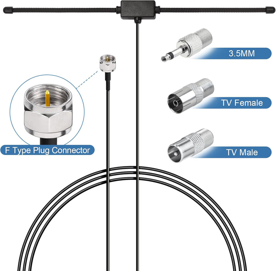 FM Radio Dipole Antenna – 75 Ohm Adhesive Mount with 10ft Cable & Universal Adapter Kit