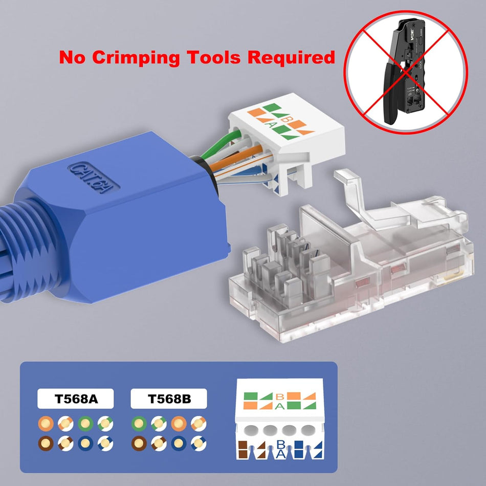 RJ45 CAT6A Tool-Free Plug – 6 Pack, Gold-Plated UTP for 23–26AWG