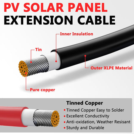 2x20FT Solar Panel Extension Cable 10AWG – Male/Female Waterproof Connectors – Red & Black Solar Cable for RV, PV Systems