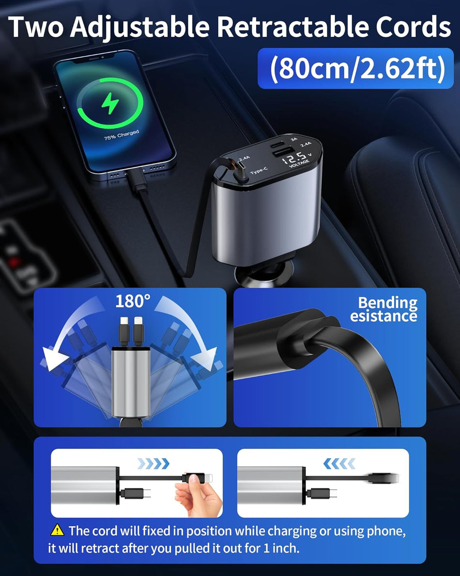 Retractable Car Charger – 4-in-1 USB-C & USB-A, Fast Charging, 180° Swivel